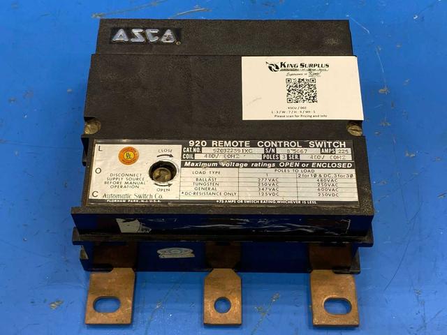 ASCO 920 Remote Control Switch 920322591XC 225 Amp 480V 60 Hz 3-Pole