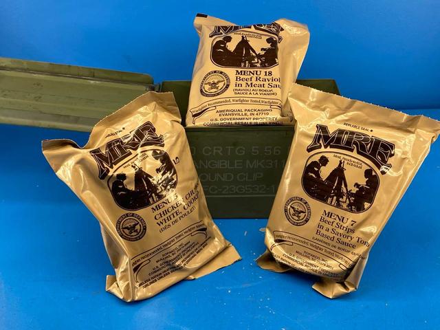 Military MRE 3 Pack FREE SHIP Random Pick w/Ammo Can (5.56mm / .50 Cal / M2A2)